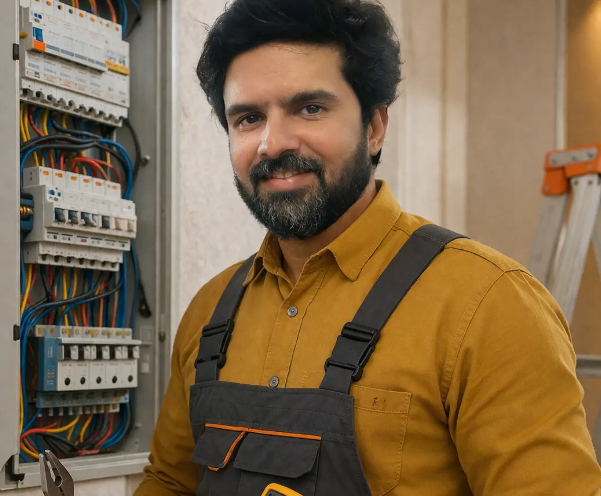 Professional electrician working on an electrical panel with wiring, wearing safety gear and smiling, indoor service setup