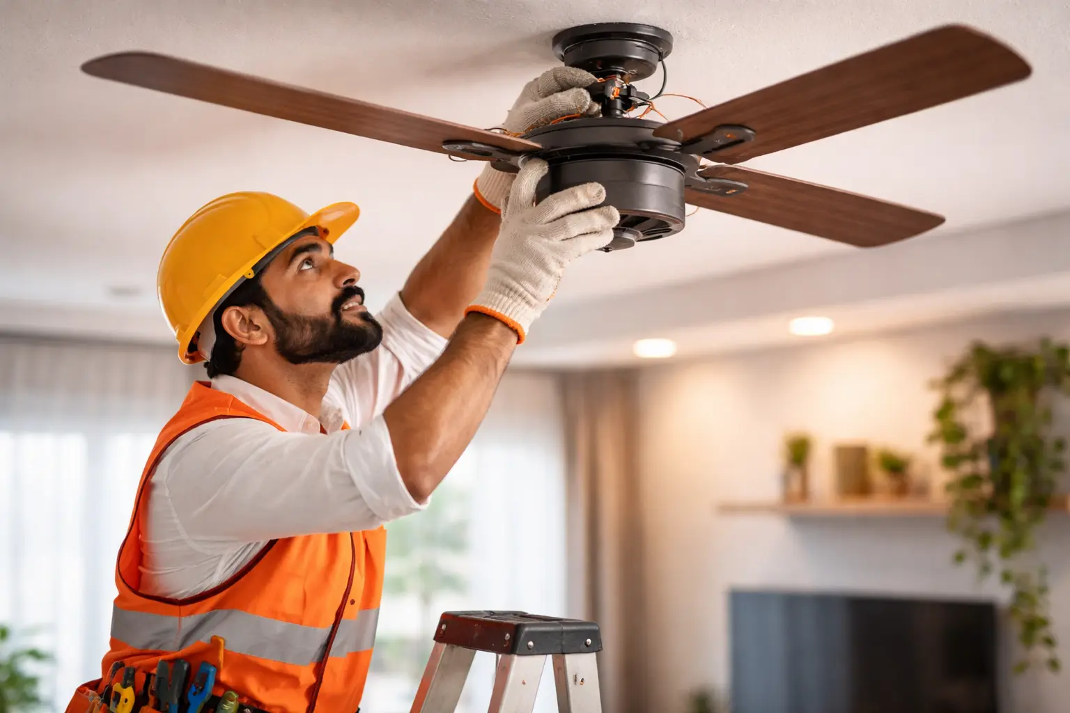 A man wearing a hard hat and safety vest installs a ceiling fan while standing on a ladder. The room has a neutral tone and modern decor.