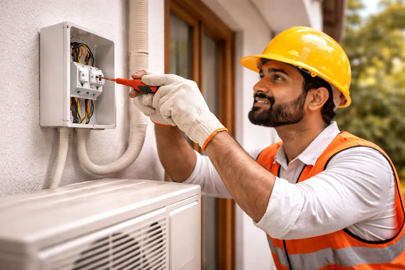 Man in a hard hat and safety vest installs solar panels on a sunny roof, using a drill. He appears focused and determined, with trees in the background.