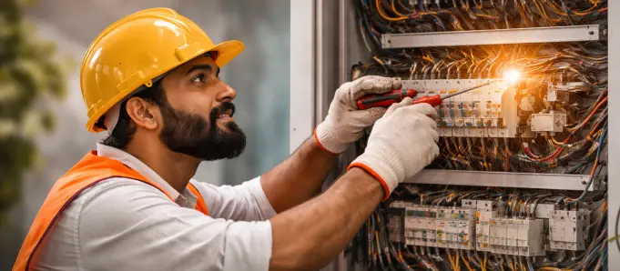 Man in a yellow hard hat and safety vest using a screwdriver on an electrical panel, with a focused expression. Sparks illuminate the wires.